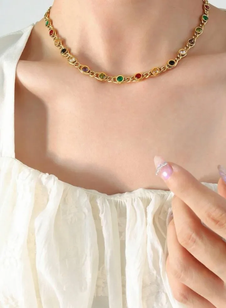 Luxury Stainless Steel Gold Plated Choker Necklace Inlaid With Zirconia