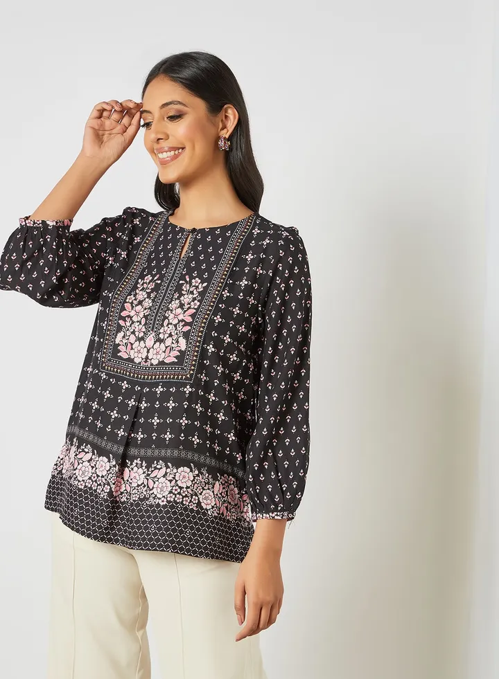 Floral Print Top Black