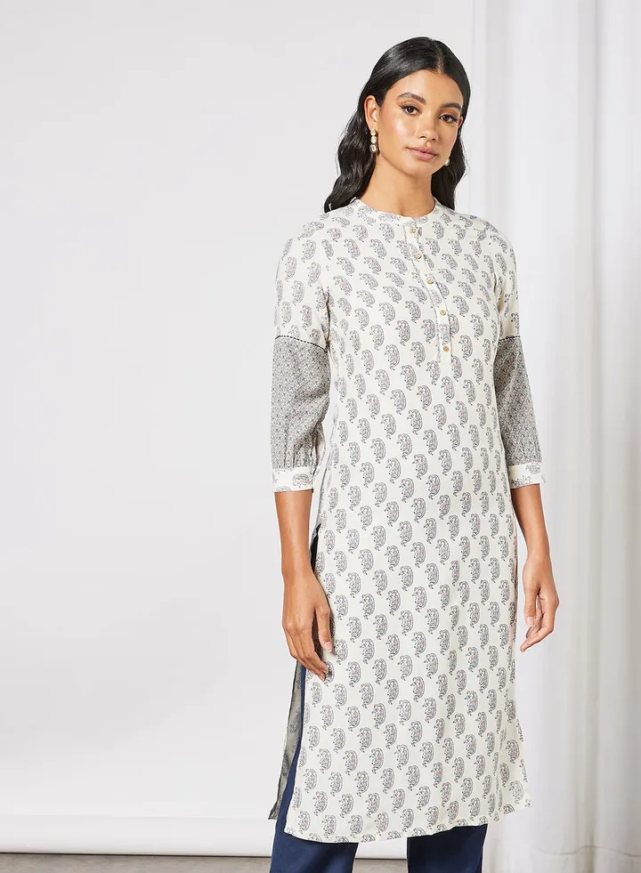 Paisley Print Kurta White