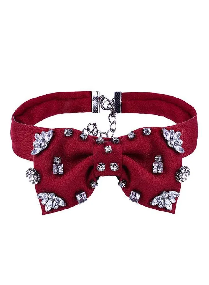 Bow Design Rhinestone Studded Collar Necklace Red/Clear
