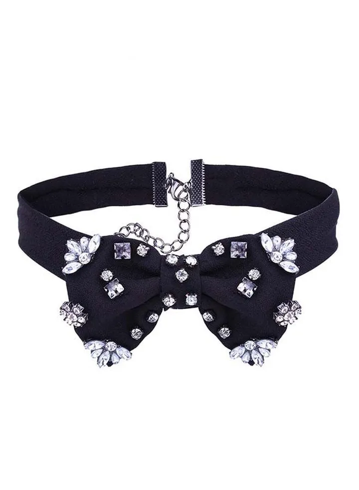 Bow Design Rhinestone Studded Collar Necklace Black/Clear