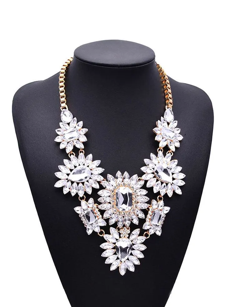 Stone Studded Bib Necklace White/Gold