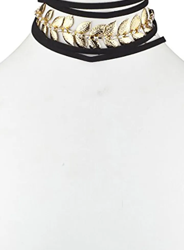 Brass Casted Leaf Choker Necklace Black/Gold