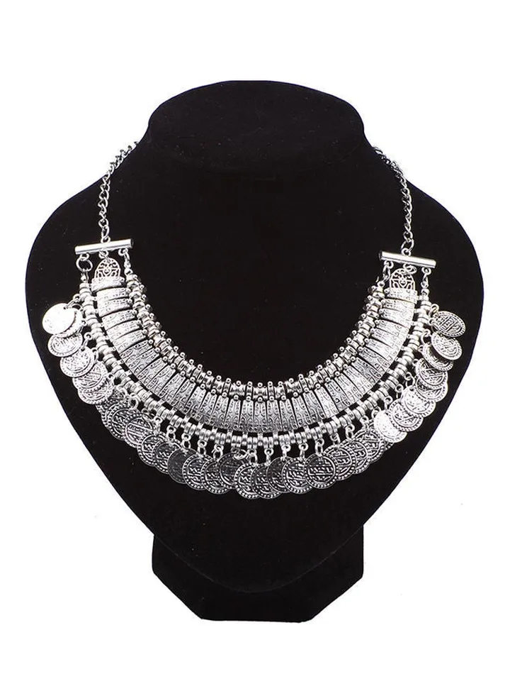 Vintage Carved Alloy Rhinestone Coin Tassel Choker Necklace Silver