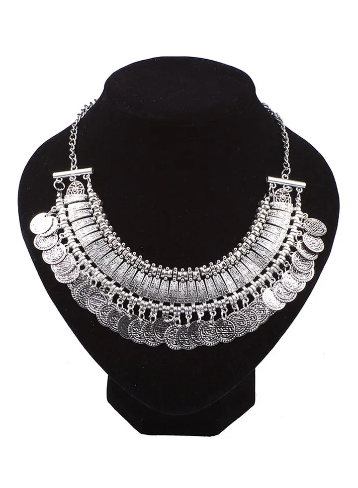 Vintage Carved Alloy Rhinestone Coin Tassel Choker Necklace
