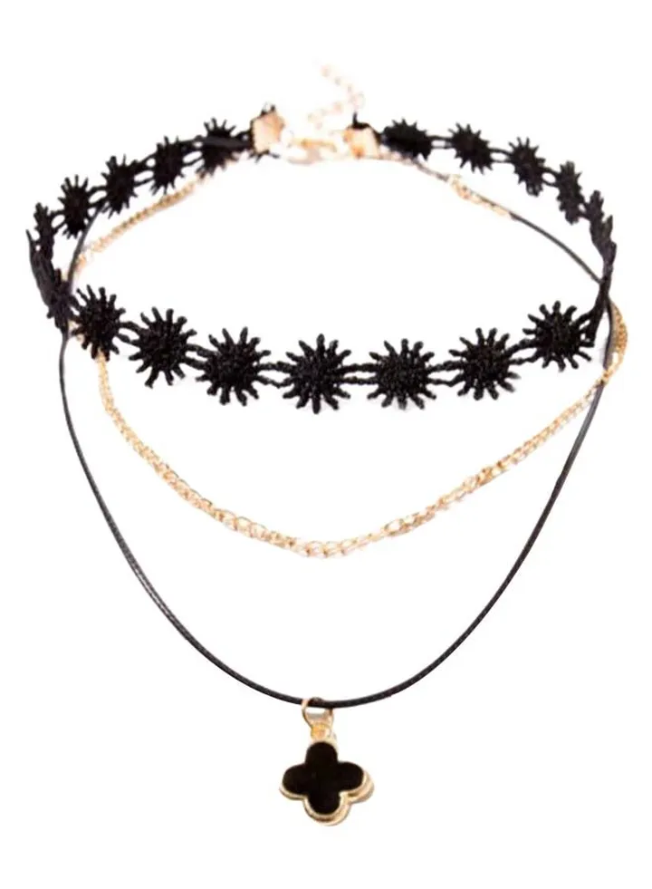 Lace 3 Multi-Layer Leaf Clover Cross Choker