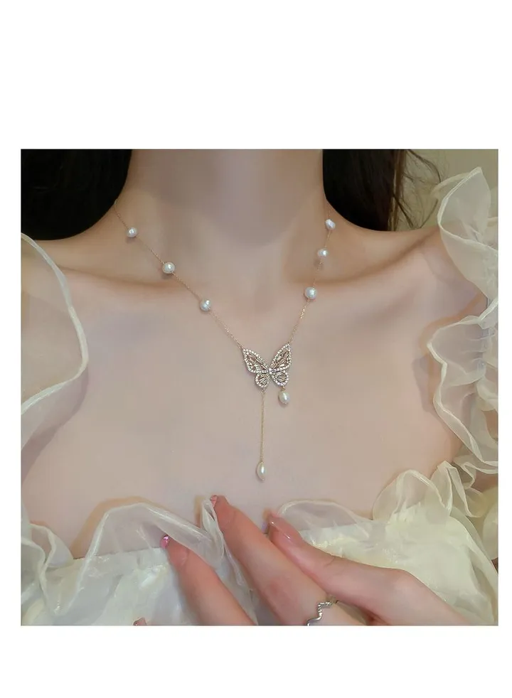 Zircon butterfly tassel necklace