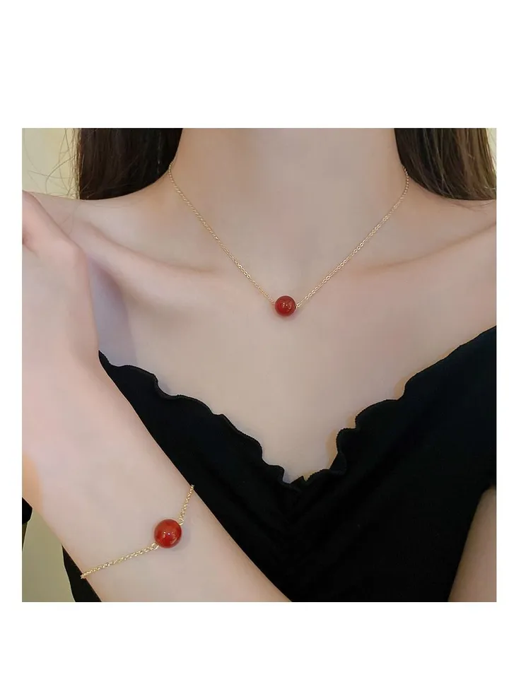 Red Acacia bean geometric bead necklace