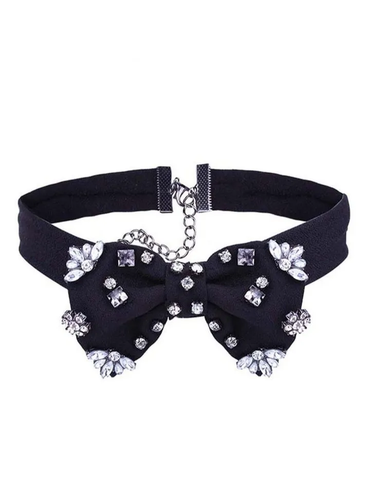 Bow Design Rhinestone Studded Collar Necklace Black/Clear