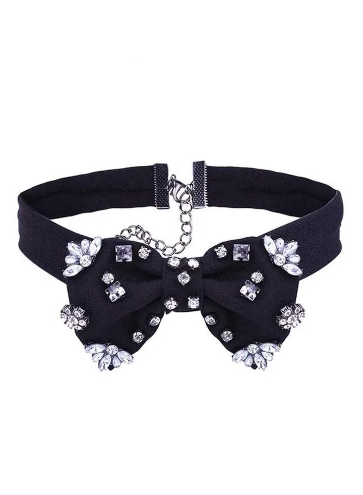 Bow Design Rhinestone Studded Collar Necklace