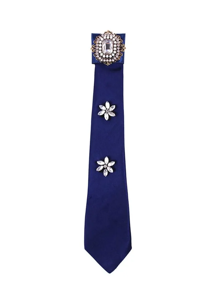 Rhinestone Studded Tie Necklace Blue/Clear