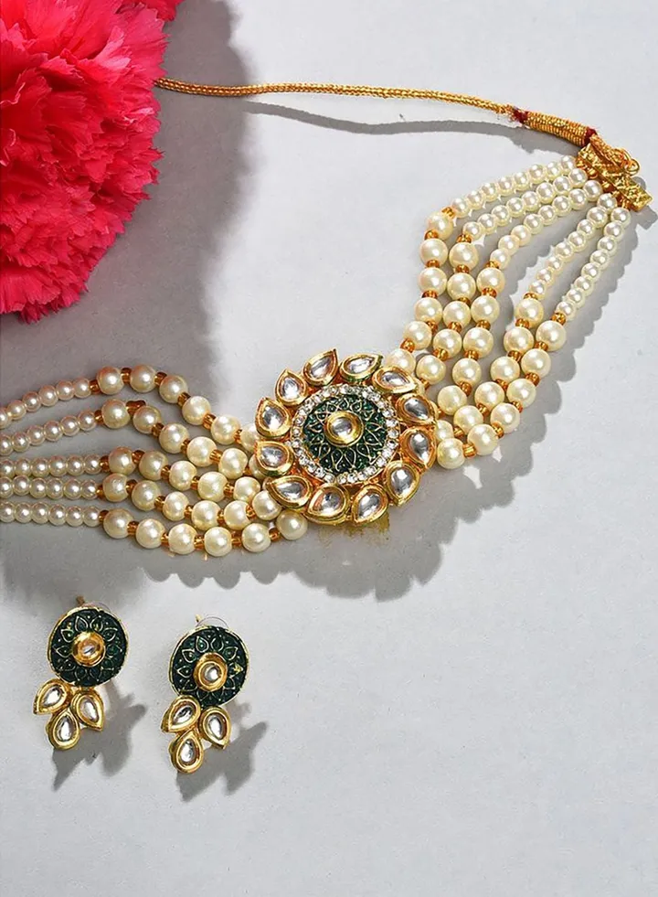 Gold Plated Kundan Pearl Necklace and Earrings Set