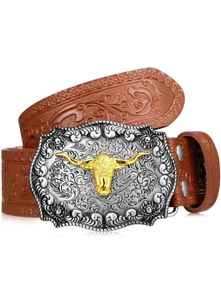 Western Leather Buckle Belts Cowboy Longhorn Bull Pattern Buckle Belt Floral Engraved Buckle Belt for Men (Tan, 45 Inch)