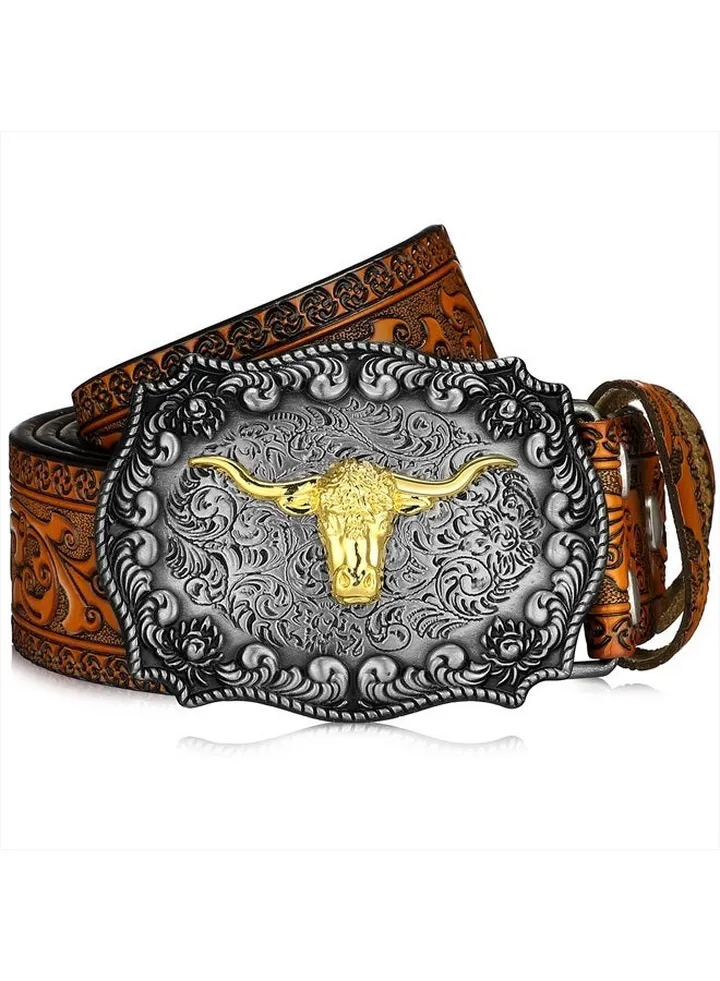 Western Leather Buckle Belts Cowboy Longhorn Bull Pattern Buckle Belt Floral Engraved Buckle Belt for Men (Camel,39 Inch)