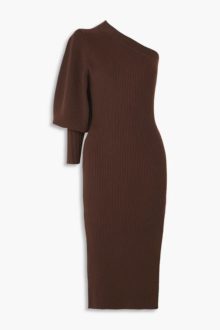 One-sleeve ribbed merino wool-blend midi dress