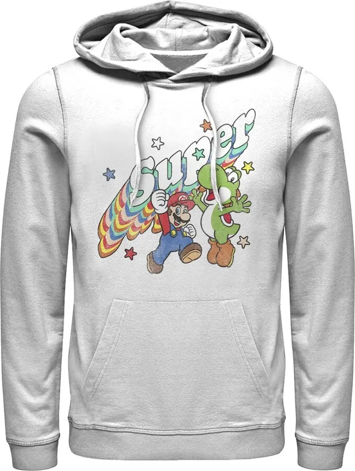 Men's Nintendo Mario and Yoshi Retro Super Pull Over Hoodie - White - Large
