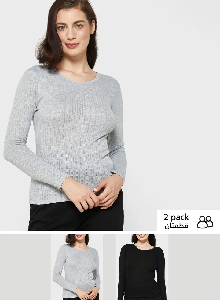 2 Pack Pointelle Thermal Long Sleeve Top