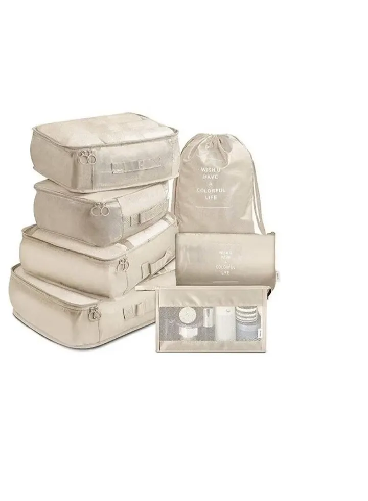 Beige 7-piece organized travel bag set