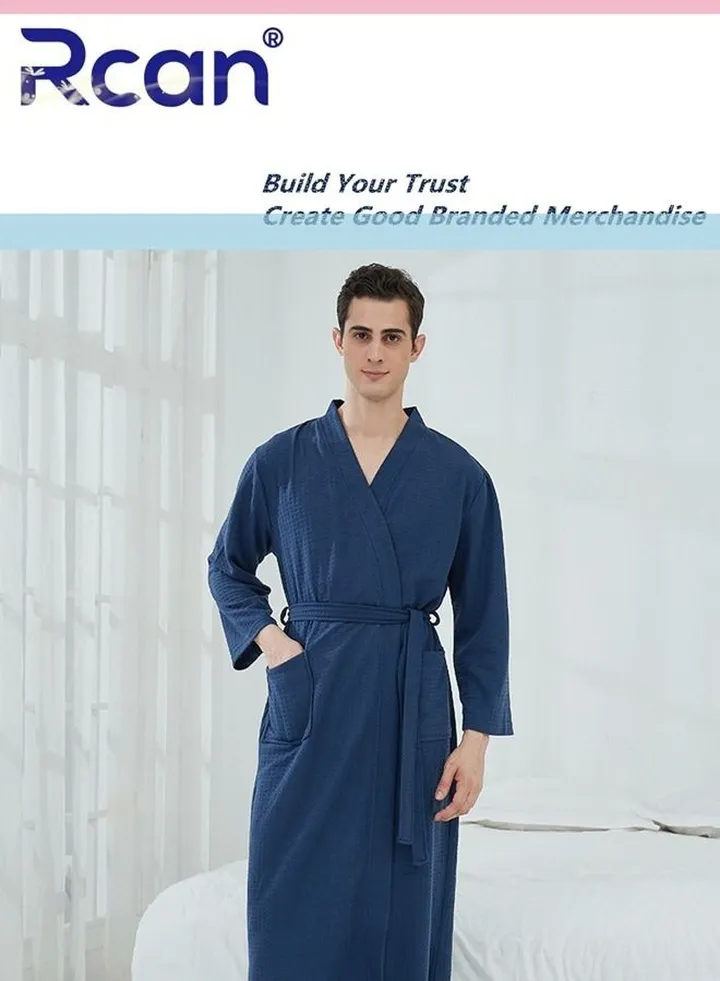 Waffle Cotton Nightgown Adjustable Tie Loose Kimono with Pockets Long Cardigan Knee Length Soft Lightweight Absorbent Bathrobe Casual Loungewear for Men's Home Spa