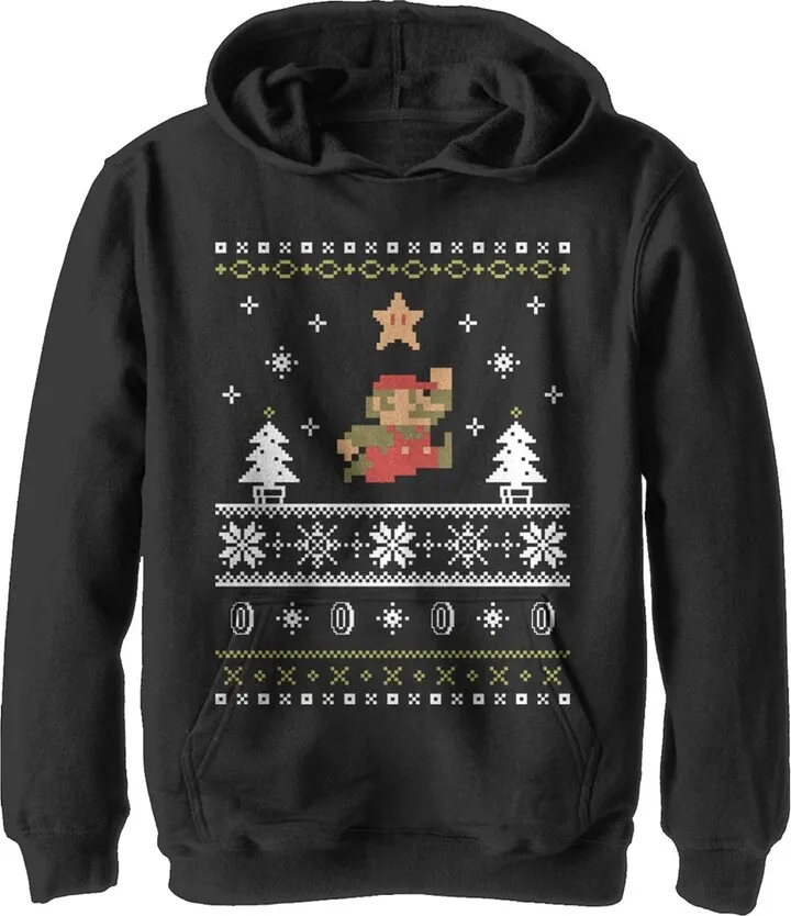 Boy's Nintendo Ugly Christmas Mario Pull Over Hoodie - Black - X Large