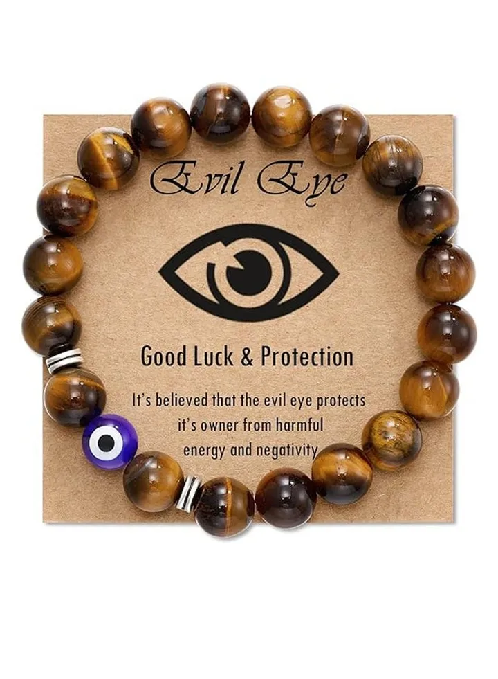 Evil Eye Bracelet for Men Natural Stone Bracelet Protection Good Luck Amulet for Boy Brown