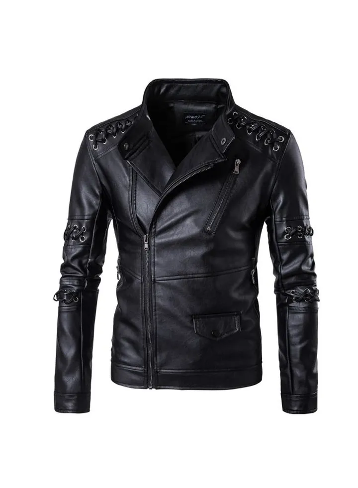 Braided Rope Collar Biker Jacket Black