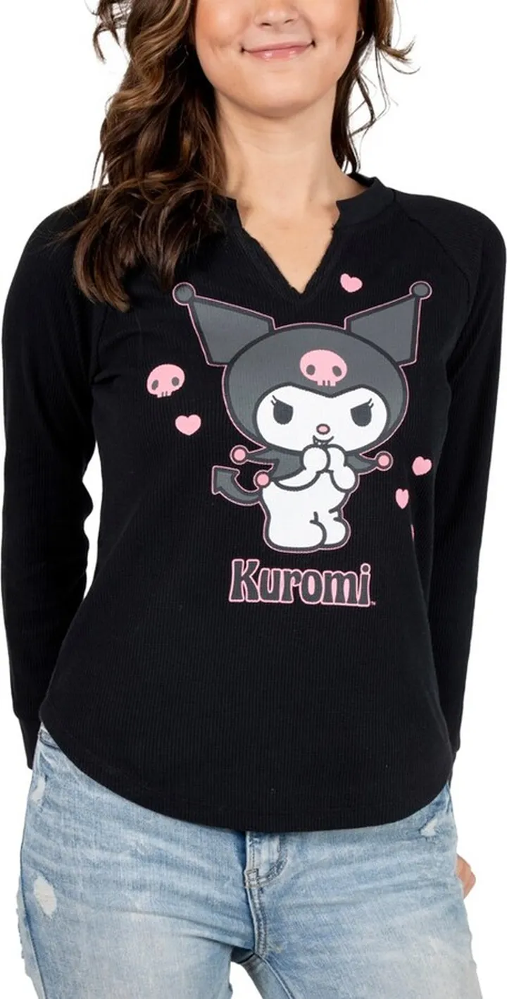 Sanrio Kuromi Juniors Black Long Sleeve Thermal Henley Shirt-XL