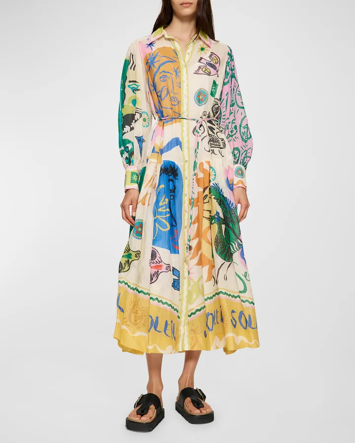 Soleil Patchwork Belted Midi Shirtdress