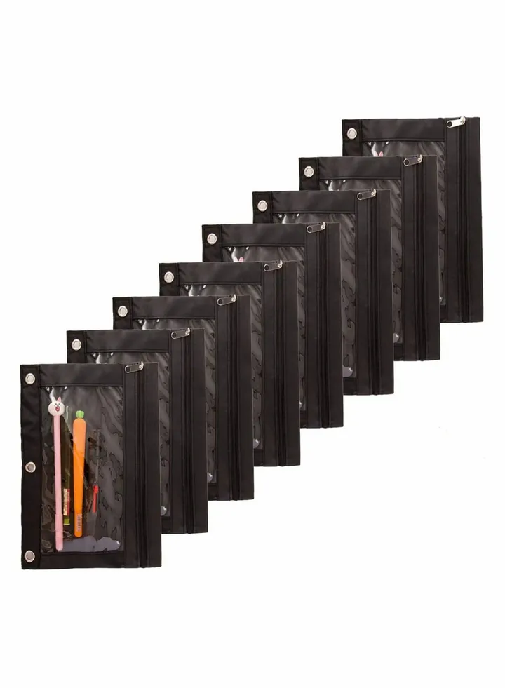 Pencil Pouch for 3 Ring Binder, Bulk 10 Pack 3-Holes Zipper Pencil Pouches in black , Sturdy and Durable Cloth Pencil Holder with Clear Window for Office School College Supplies