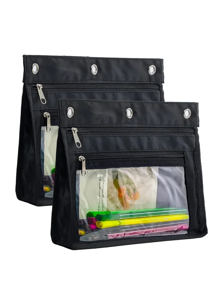 Expandable Pencil Pouch for 3 Ring Binder, 2 Pack Large Capacity with Zipper, Three Clear Binder Case Suitable School and Office(Black)1 inch High Pouc