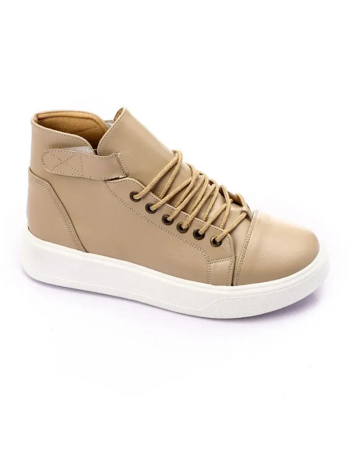 Double Closure High Top Plain Sneakers - Beige
