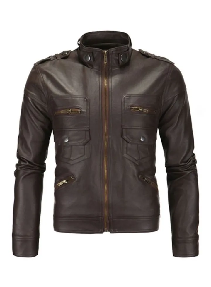 Long Sleeve Leather Jacket Dark Brown
