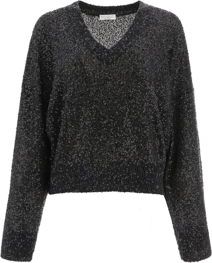 Sequin-embellished V-neck Knitted Jumper