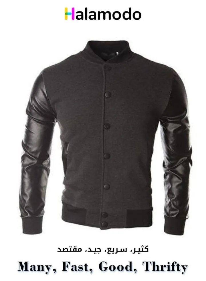 Casual Faux Leather Bomber Jacket Stand Collar Stitching Sleeve Coat Cotton Jackets for Men Black M