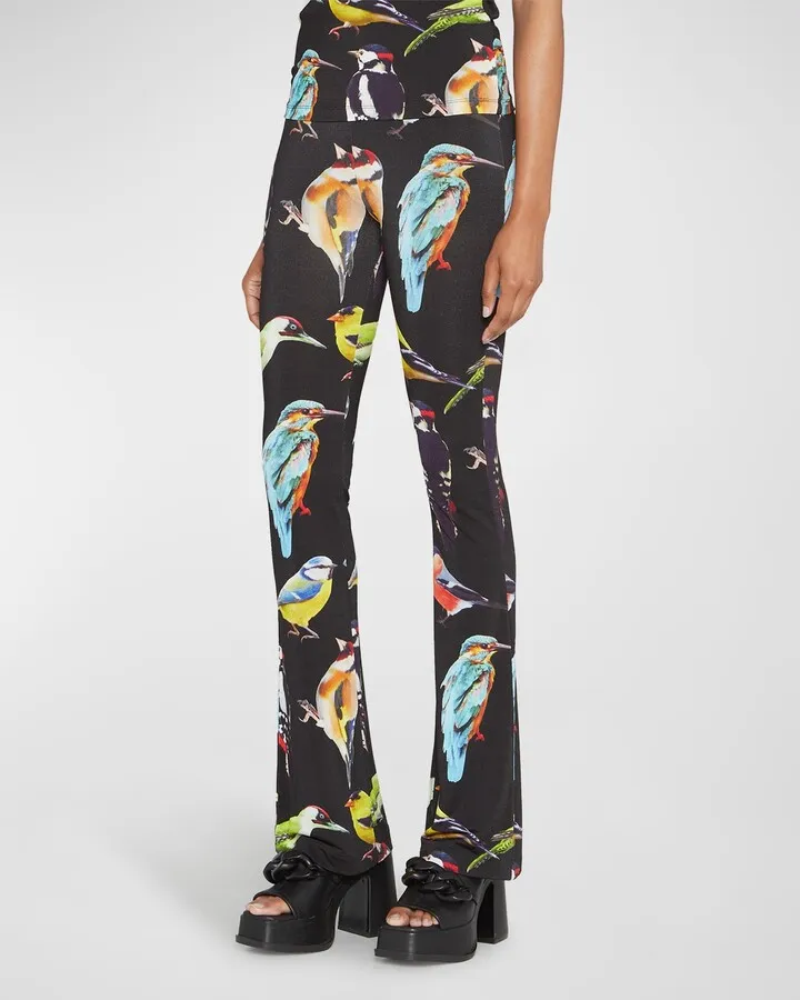 Bird-Print Flare-Leg Jersey Trousers