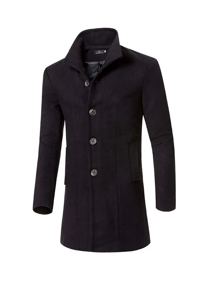 Lapel Single Breasted Woolen Trench Coat Black