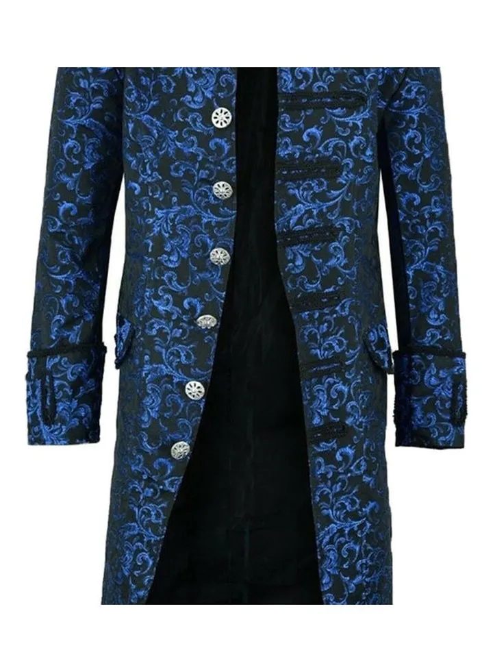 Halloween Victorian Men Jacquard Weave Stand Collar Long Sleeve Coat Outwear Blue