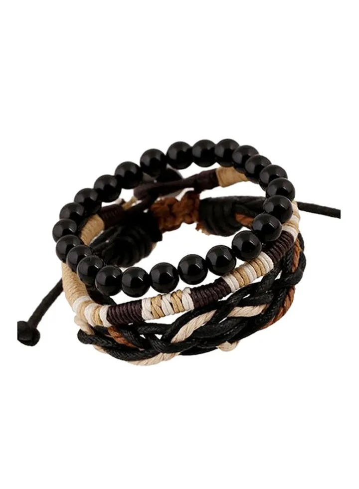 3-piece Wooden Beads Faux Leather Bracelets