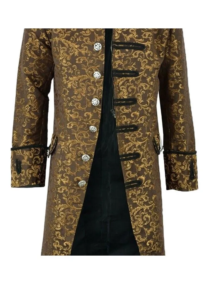 Halloween Victorian Men Jacquard Weave Stand Collar Long Sleeve Coat Outwear Yellow