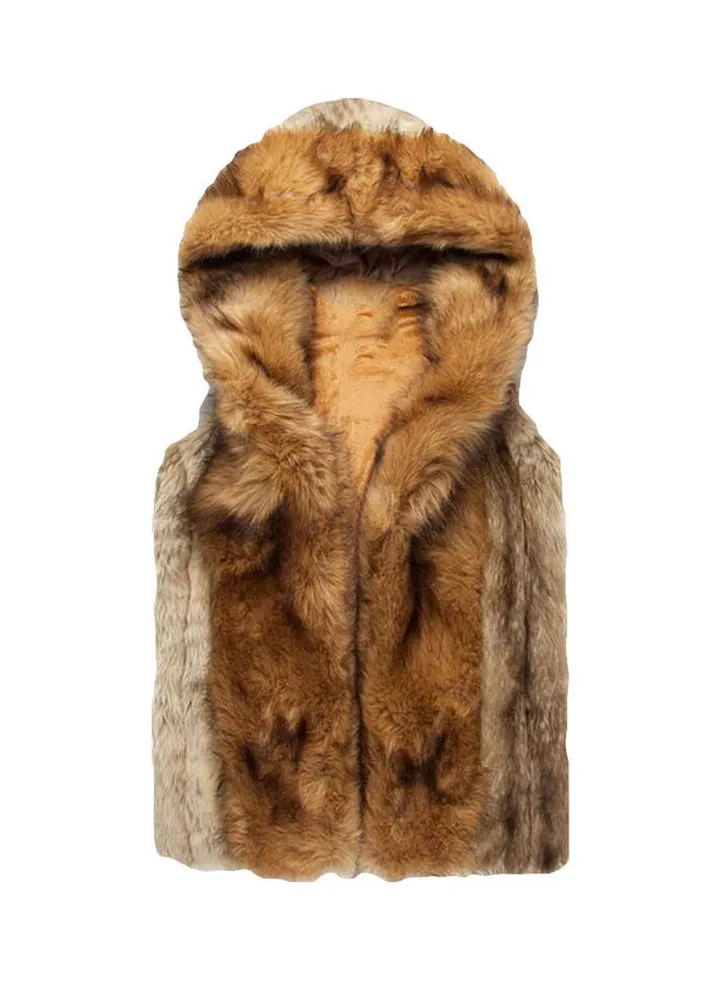 Faux Fur Sleeveless Hooded Vest Jacket Brown/Beige
