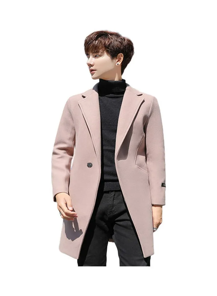 Men Slim Single-breasted V-Neck Woolen Trench Coat Apricot
