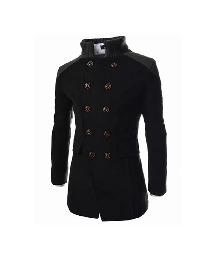 Double Breasted Stand Collar Trench Coat Black