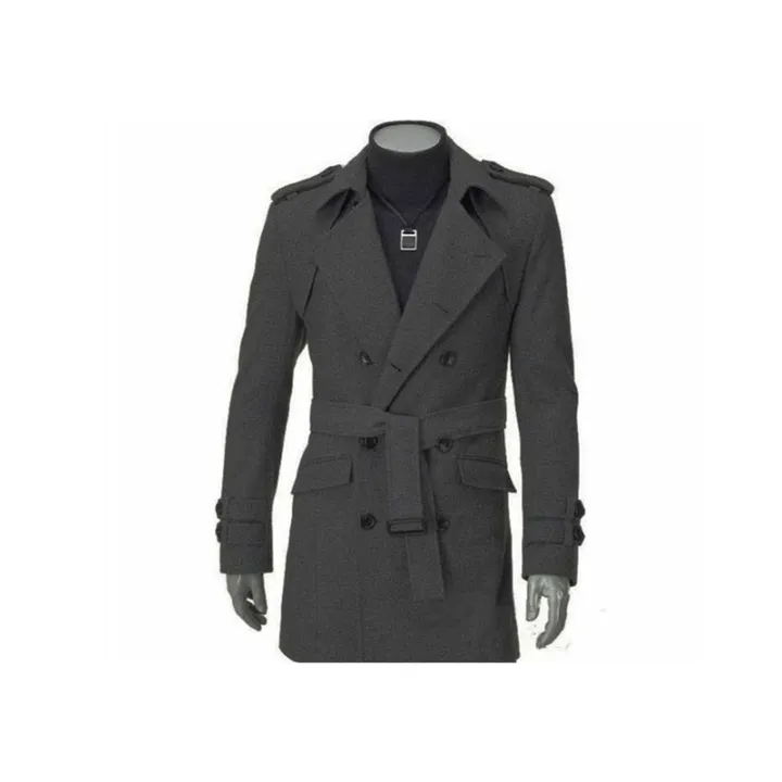 Lapel Mid Length Button End Coat with Waist Band Grey