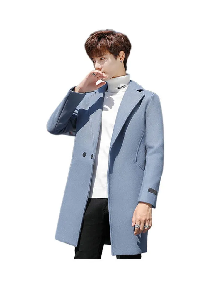 Men Slim Single-breasted V-Neck Woolen Trench Coat blue