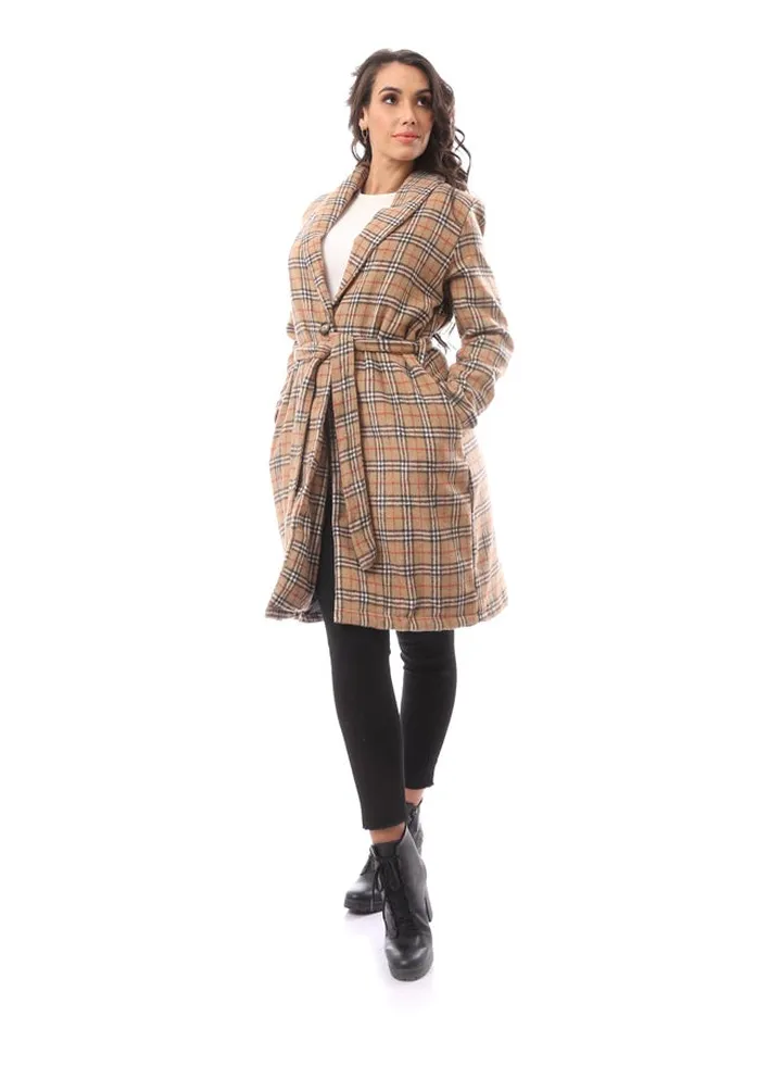 Beige Long Sleeve Patterned Winter Coat_Beige