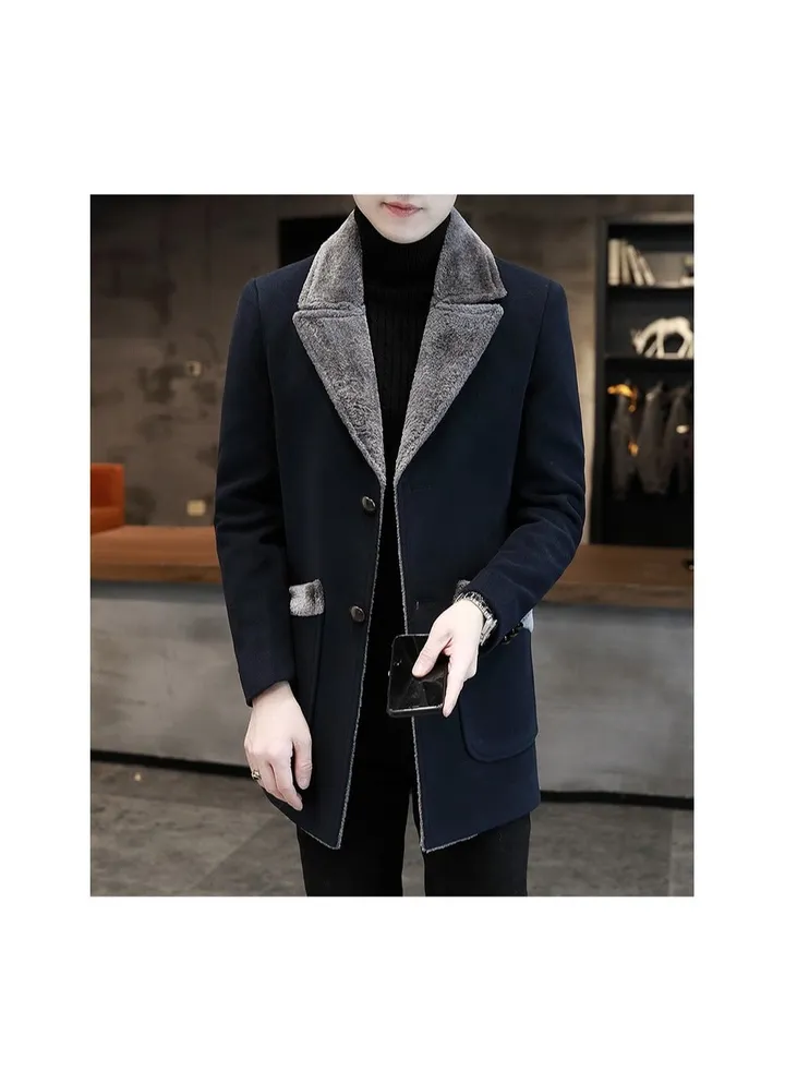 Squality Breasted Long Coat Men Navy Blue