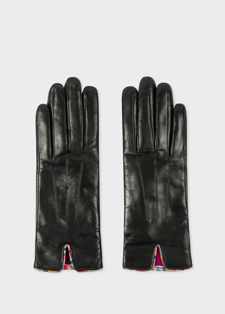 Women's Black Leather Gloves With 'Swirl' Piping
