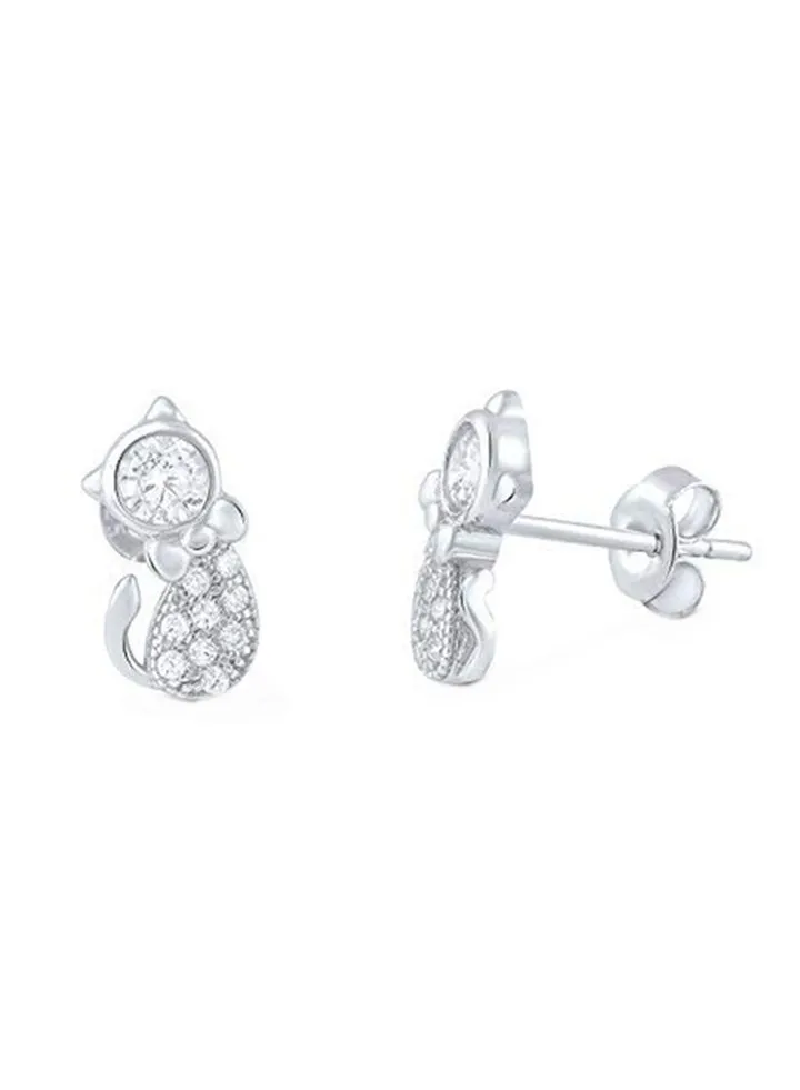925 Sterling Silver Kitty Cat Stud Earrings With Cubic Zirconia