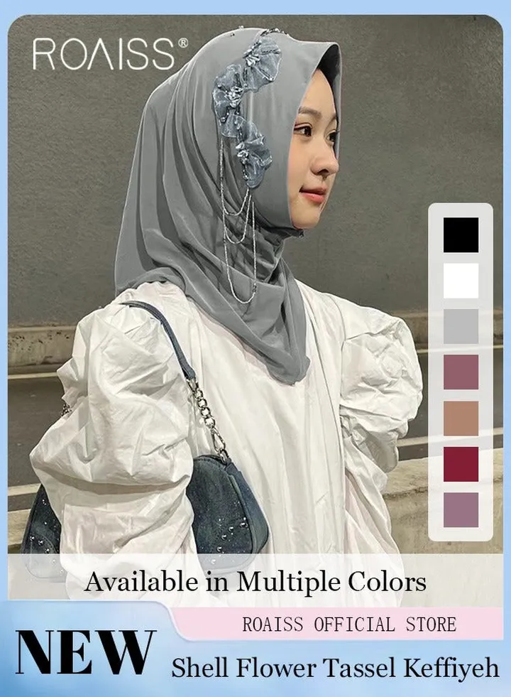 Women Chiffon Hijab Muslim Casual Scarf with Floral Pearl Turban for Ladies Beaded Decoration Versatile All-Season Wearable Traditional Hijab
