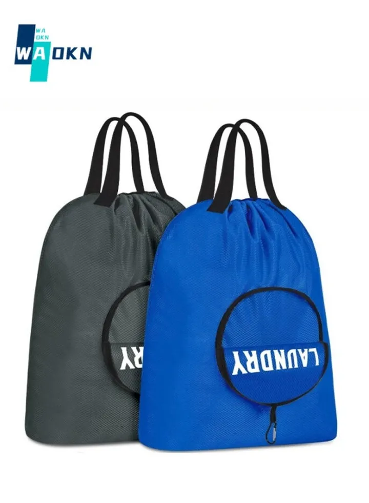 2 Piece Travel Laundry Bags, Travel Dirty Laundry Bags with Handles, Travel, Camping, Fitness Carabiner Foldable Laundry Bags for Students (Blue + Dark Grey)